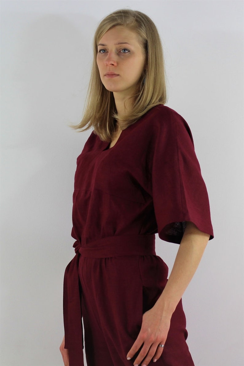 Made to measure linen jumpsuit/ Burgundy color casual jumpsuit for women/ Loose fit/ durable/ linen jumpsuit image 1