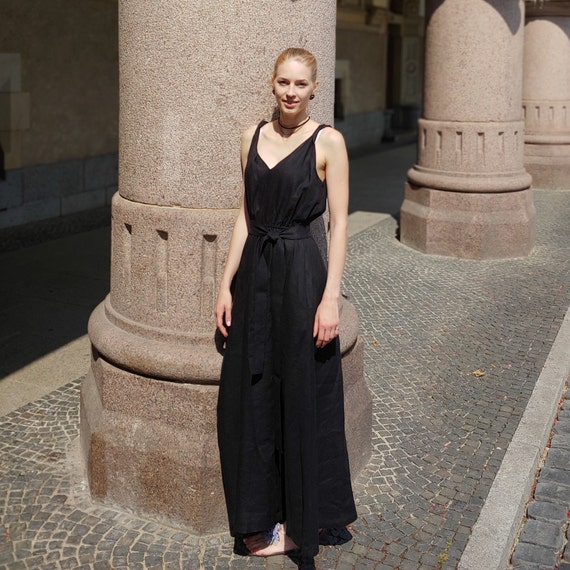 chinese dress ladies Asceno Womens Black Ibiza Halterneck Organic Linen Maxi Dress M