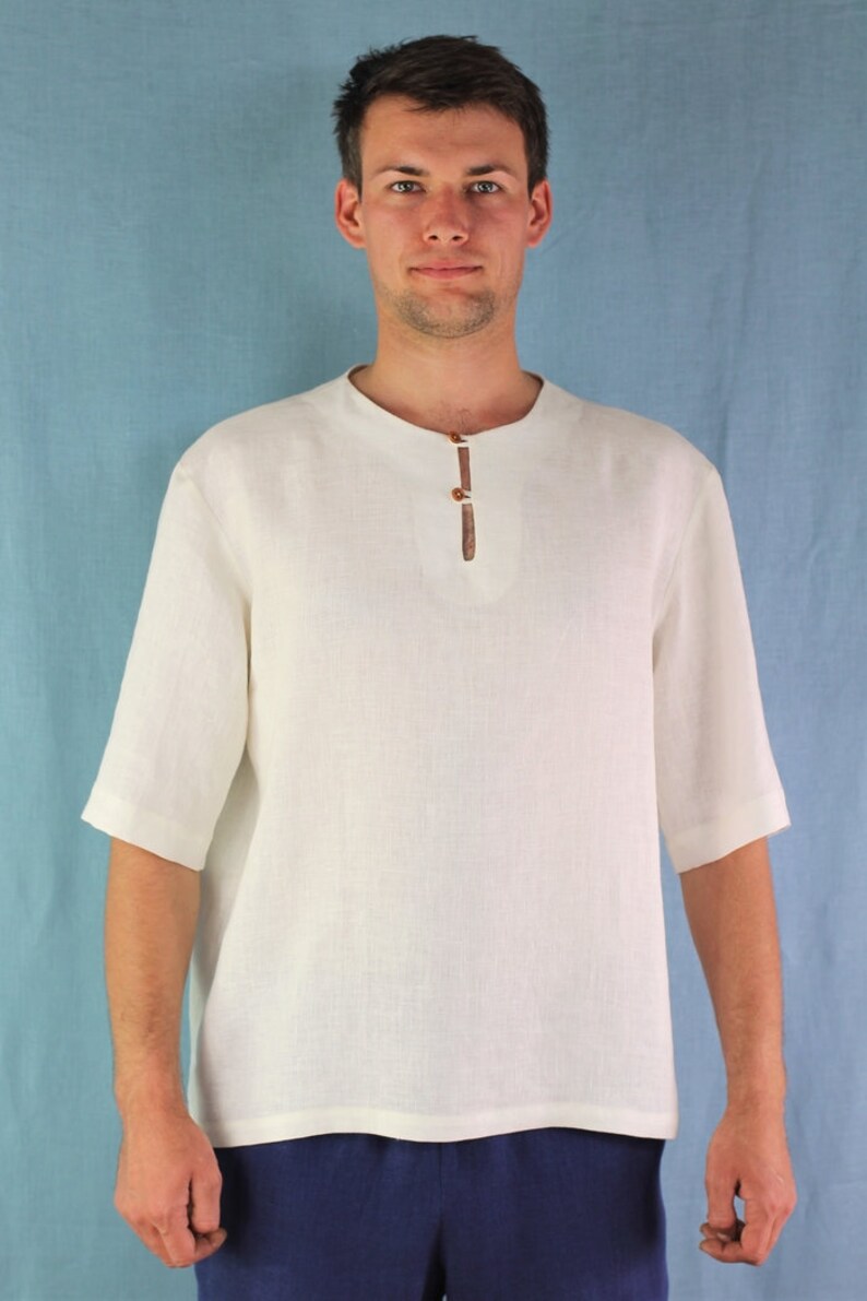 Made to measure men's white linen T-shirt, 1/2 sleeve shirt, natural linen shirt, ftont button, casual T-shirt for men, loosely fitted shirt image 2