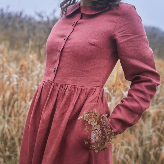 Made to Order Pure Linen Dress for Women With Long Sleeves/ Terracotta Casual Dress/ Linen Summer Dress/ Peter Pan Collar Dress - Etsy Made to Order Pure Linen Dress for Women With Long Sleeves/ Terracotta Casual Dress/ Linen Summer Dress/ Peter Pan Collar Dress - Etsy