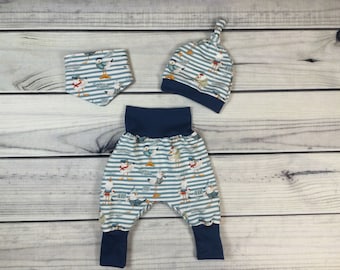 Babyset, „Küstenkind“, Gr. 44-98, Pumphose optional mit Mütze und Tuch