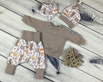 "Bear strong upgrade" baby set, size 56-92, bloomers, sweater, hat, scarf