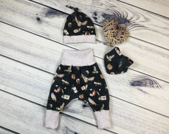 "Dark Magic" baby set, size 44-80, bloomers, scarf, cap