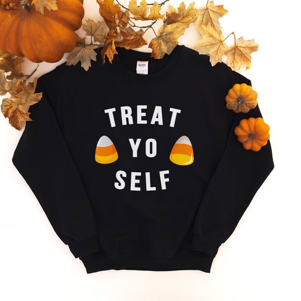 Treat Yo Self Crewneck Sweatshirt | Halloween Sweatshirt | Funny Halloween Shirt | Candy Corn Shirt | Trick Or Treat Shirt | Halloween Gift