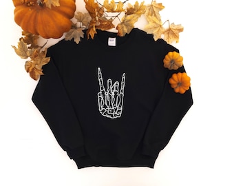 Skeleton Hand Crewneck Sweatshirt | Rock On Skeleton Hand | Rock and Roll Skeleton | Halloween Shirt | Funny Halloween Sweatshirt | Skeleton