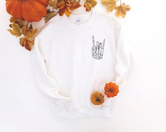 Rock And Roll Skeleton Hand Crewneck Sweatshirt | Skeleton Shirt | Halloween Shirt | Cute Halloween | Gift For Halloween | Spooky Shirt