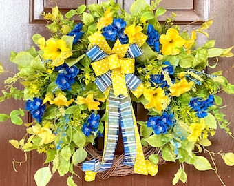 Spring Summer Wreath for Front Door with Morning Glories, Grapevine Wreath with Petunias, Outdoor Floral Home Decor