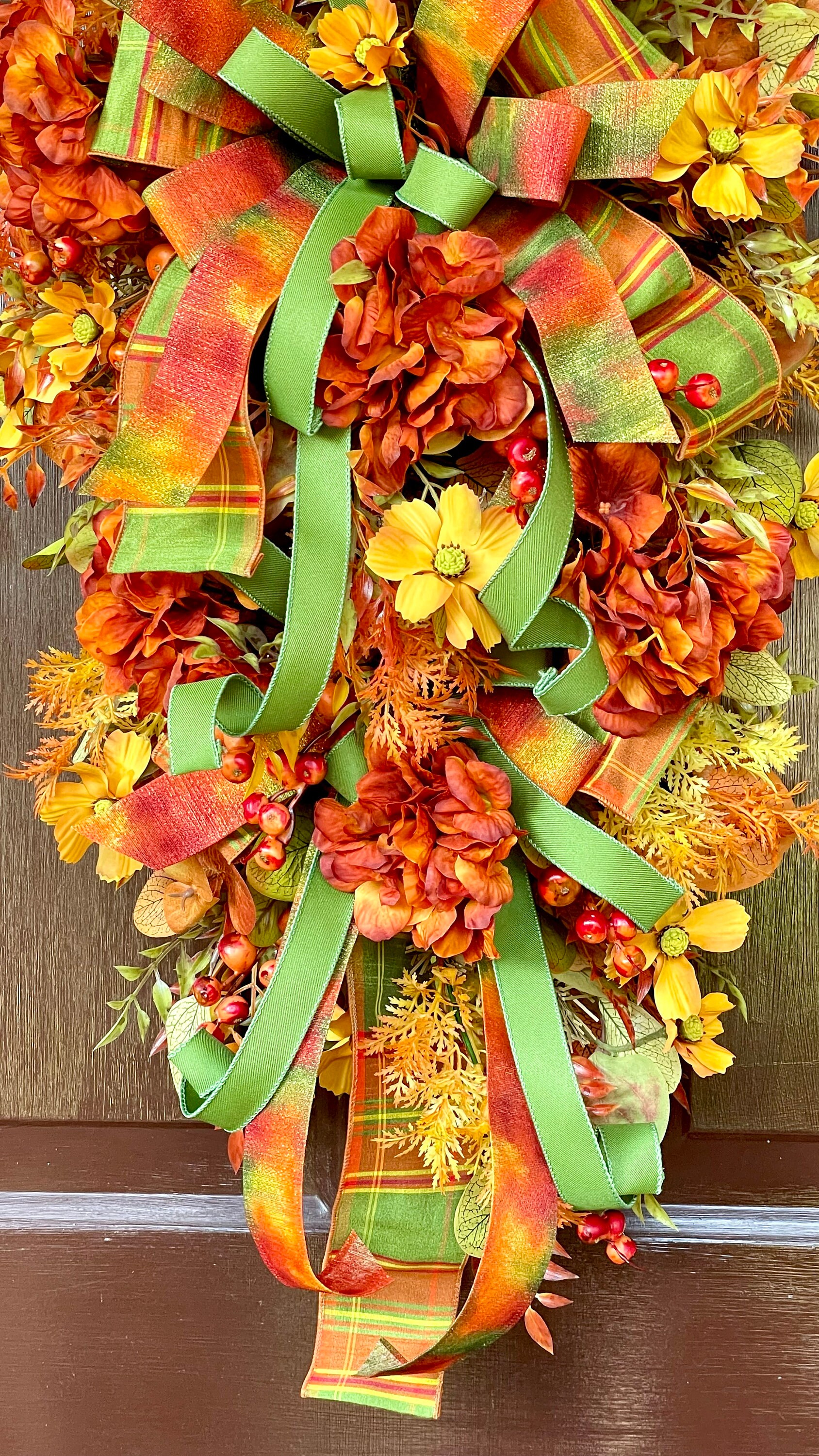 Fall Swag for Front Door With Hydrangeas, Floral Teardrop Swag in ...