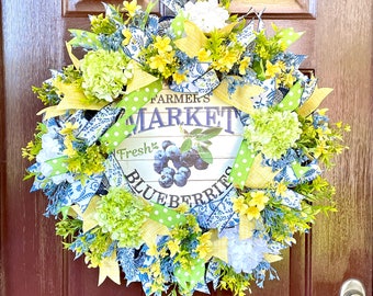 Summer Blueberry Theme Wreath for Front Door, Everyday Welcome Wreath with Hydrangeas, Outdoor Home Decor