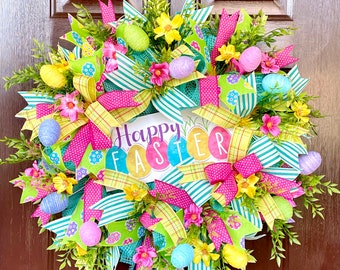 Large Easter Wreath for Front Door with Easter Eggs, Happy Easter Deco Mesh Wreath, Spring Outdoor Home Decor