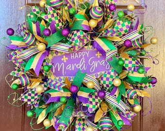Mardi Gras Wreath for Front Door, Fat Tuesday Deco Mesh Wreath, Carnival Door Decor