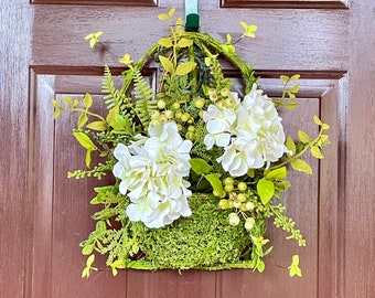 Hanging Door Basket with Hydrangeas, Moss Basket Wreath for Front Door, Cottage Style Floral Decor, Mother's Day Gift