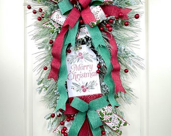 3 Pack Christmas Greenery Swag Set – Artificial Teardrop & Arch Garlands With Red Bows | 24 Inch Norfolk Pine