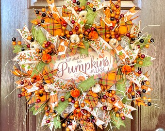 Fall Pumpkin Wreath for Front Door, Autumn Deco Mesh Welcome Wreath, Fall Front Porch Decoration