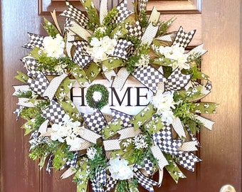 Everyday Wreath for Front Door, Large Hydrangea and Boxwood Wreath, Spring and Summer Home Decor
