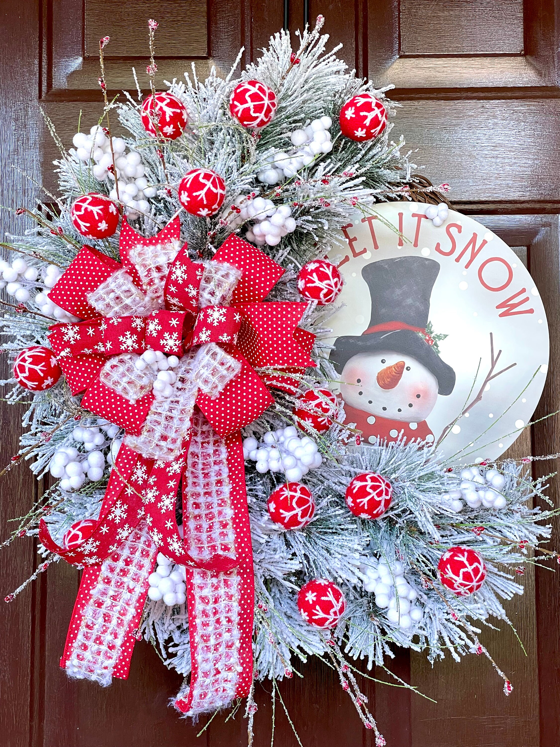 Winter Wreath for Front Door With Snowman Sign, LET IT SNOW Christmas ...