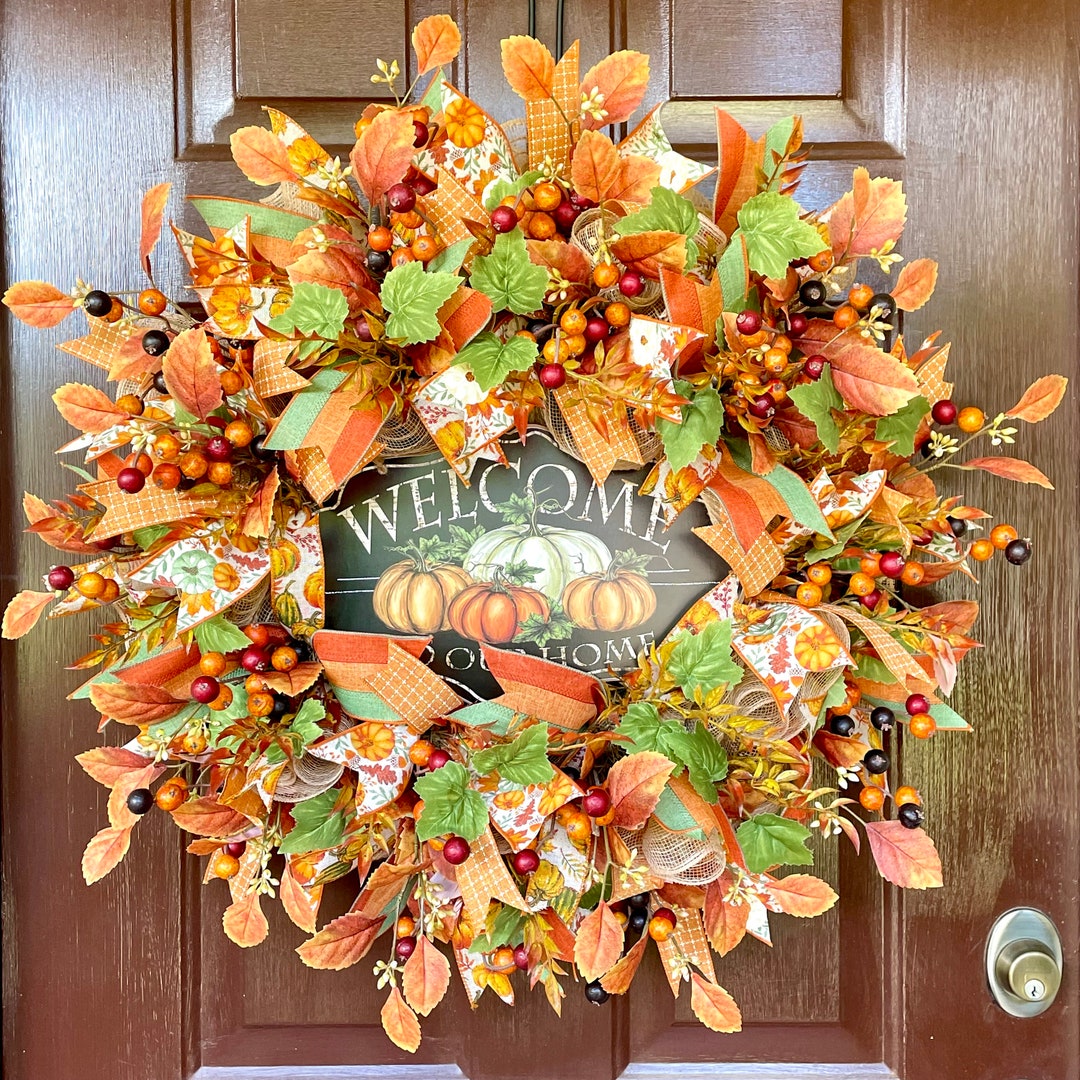 Fall Wreath for Front Door With Pumpkin Theme, Autumn Welcome Wreath in ...