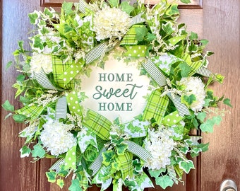 Everyday Wreath for Front Door with Hydrangeas, Home Sweet Home Deco Mesh Wreath , Year Round Outdoor Home Decor, New Homeowner Gift