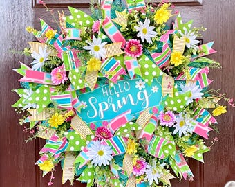 Spring Wreath for Front Door with Daisies, Large Deco Mesh Wreath, Easter Decor for Front Porch