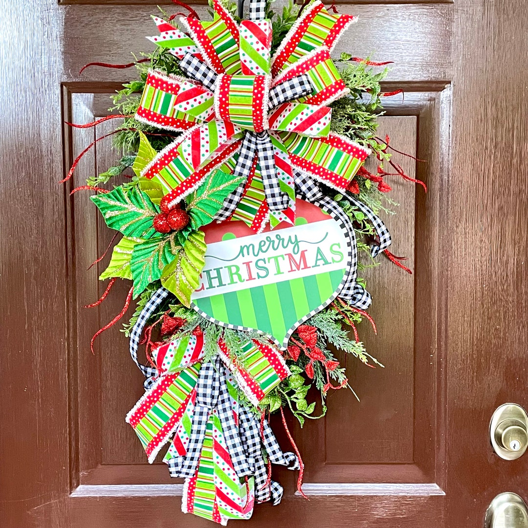 Christmas Swag for Front Door, Whimsical Holiday Teardrop Swag, Red and