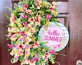Summer Wreath for Front Door with Tropical Flowers, Hello Summer Grapevine Wreath, Floral Outdoor Décor for Front Porch
