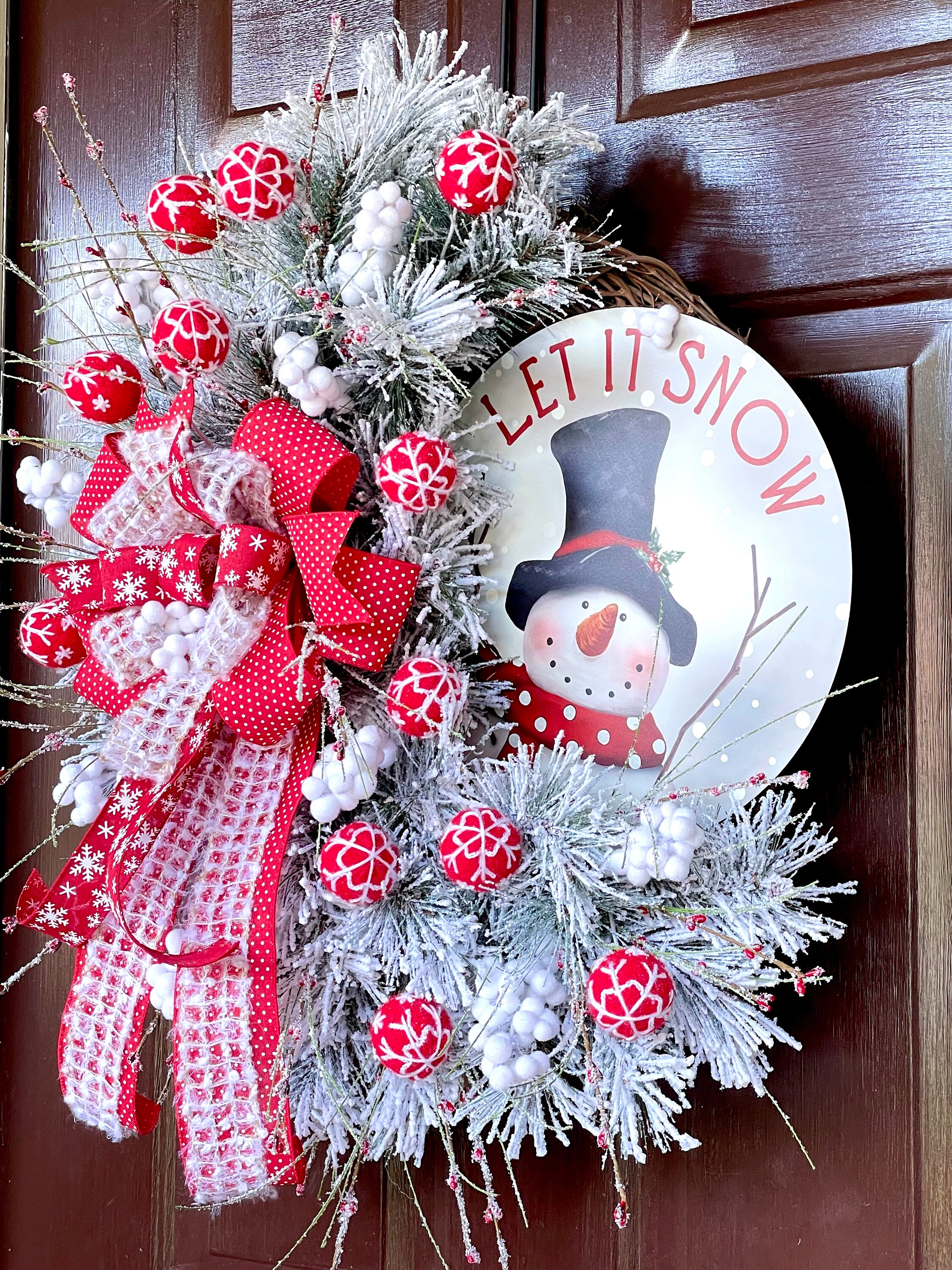 Winter Wreath for Front Door With Snowman Sign, LET IT SNOW Christmas ...