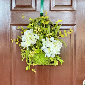 Hanging Door Basket with Hydrangeas, Moss Basket Wreath for Front Door, Cottage Style Floral Decor, Mother's Day Gift