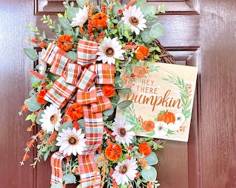 Fall Wreath for Front Door with Sunflowers and Pumpkins, Autumn Floral Grapevine Wreath, Outdoor Fall Decor