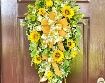 Sunflower Teardrop Swag Wreath for Front Door, Summer Door Hanger with Sunflowers, Fall Vertical Door Wreath