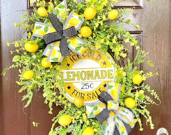 Summer Lemon Wreath for Front Door, Lemonade Grapevine Wreath, Summer Front Porch, Kitchen Wall Decor