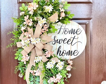 Neutral Everyday Wreath for Front Door, Home Sweet Home Welcome Wreath, Spring and Summer Floral Outdoor Decor