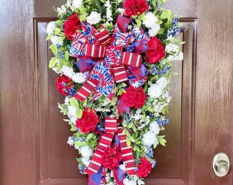 Patriotic Teardrop Swag for Front Door, Summer Wreath with Geraniums, Red White and Blue Outdoor Decor