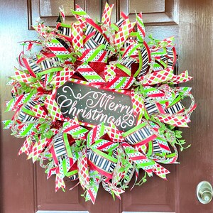 Whimsical Christmas Wreath for Front Door, Merry Christmas Deco Mesh Wreath, Red and Lime Green Christmas Decor, Outdoor Holiday Decor