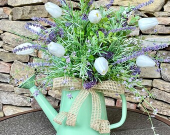 Spring Floral Arrangement with Tulips, Watering Can Centerpiece, Farmhouse Tabletop Decor, Easter Decoration