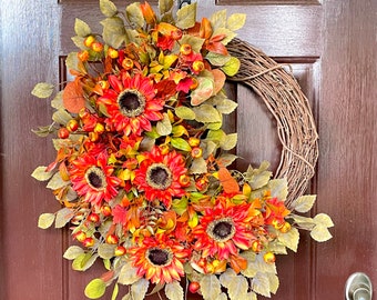 Fall Wreath for Front Door with Sunflowers, Bright Autumn Floral Grapevine Wreath, Outdoor Floral Decor for Front Porch
