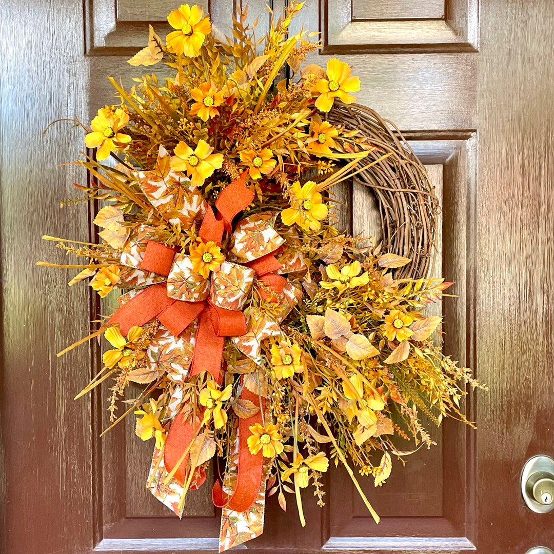 Fall Wreath for Front Door With Yellow Cosmos, Traditional Autumn ...
