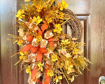Fall Wreath for Front Door with Yellow Cosmos, Traditional Autumn Grapevine Wreath, Natural Twig Door Decoration