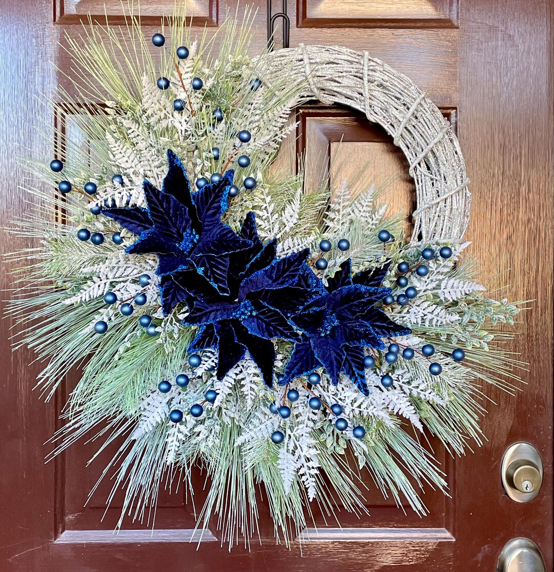 Winter Wreath for Front Door With Navy Poinsettias, Blue Silver and ...