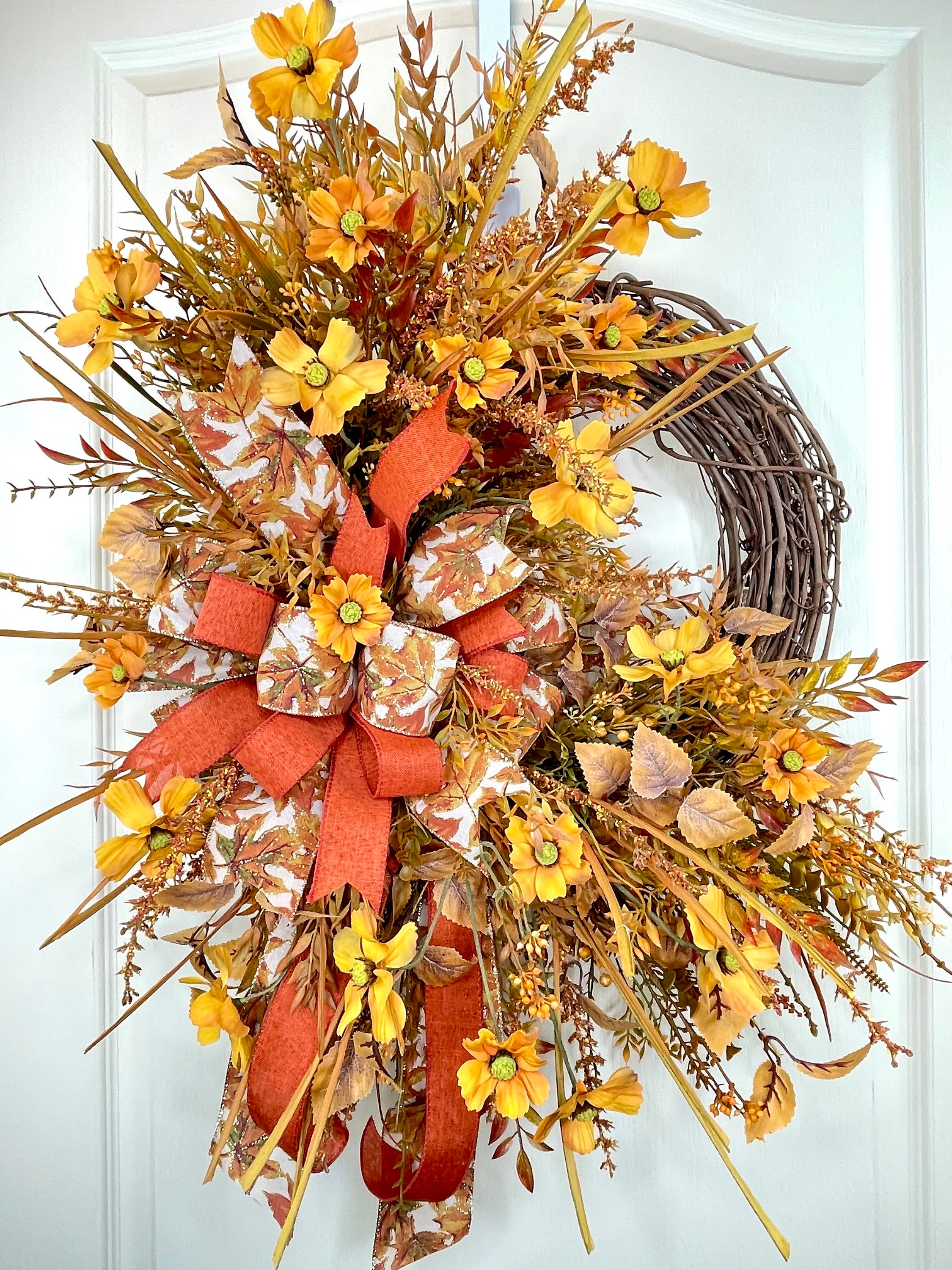 Fall Wreath for Front Door With Yellow Cosmos, Traditional Autumn ...