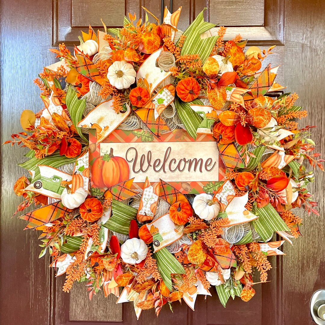 Large Fall Wreath for Front Door With Pumpkins, Autumn Welcome Wreath ...