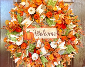 Large Fall Wreath for Front Door with Pumpkins, Autumn Welcome Wreath in Traditional Colors, Outdoor Fall Front Porch Decor