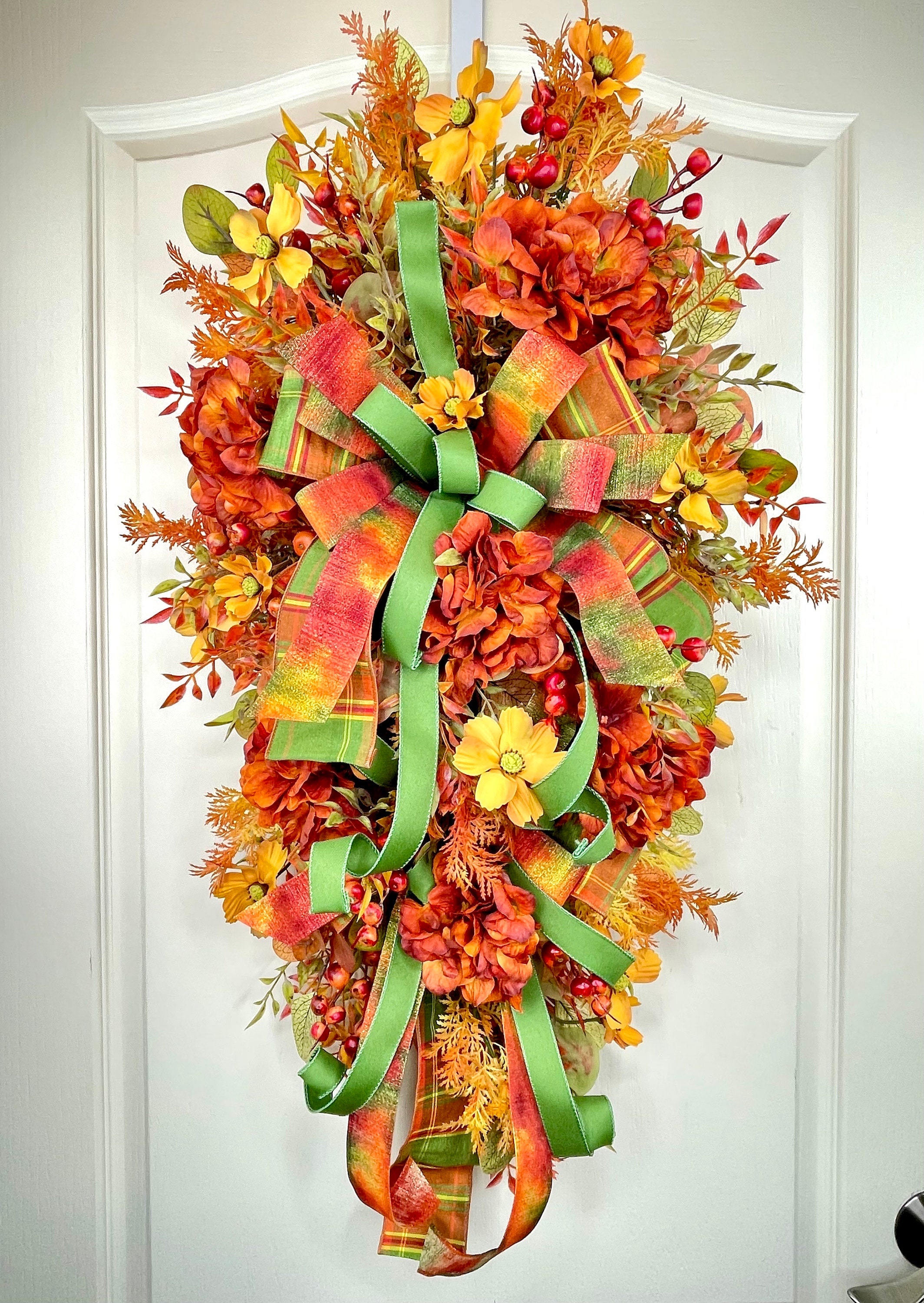 Fall Swag for Front Door With Hydrangeas, Floral Teardrop Swag in ...