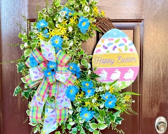 Easter Wreath for Front Door with Spring Flowers, Easter Egg Bunny Grapevine Wreath, Spring Front Porch Decor