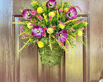 Summer and Spring Door Basket, Moss Basket Wreath, Front Porch Floral Decor, Hanging Flower Arrangement, Mother's Day Gift