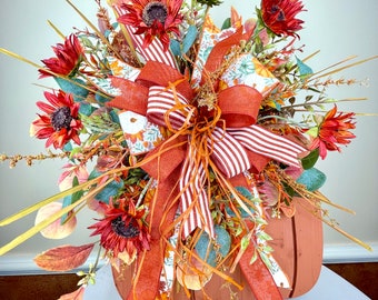 Fall Arrangement with Sunflowers, Large Wood Pumpkin Tabletop Decor, Autumn Front Porch Decor