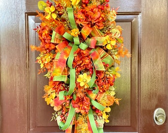 Fall Swag for Front Door with Hydrangeas, Floral Teardrop Swag in Traditional Fall Colors, Vertical Autumn Door Wreath