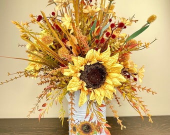 Fall Sunflower Arrangement, Metal Milk Can Centerpiece, Rustic Autumn Table Decor