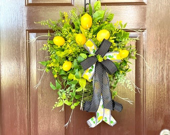 Summer Door Basket with Lemons, Moss Basket Wreath for Front Door, Kitchen Wall Decor, Hanging Floral Arrangement