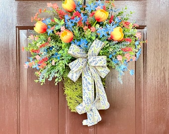Hanging Door Basket with Tulips, Spring Basket Wreath for Front Door, Easter Floral Decor, Mother's Day Gift
