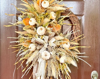 Fall Wreath for Front Door in Neutral Colors, Autumn Wreath with Pumpkins, Natural Fall Decor for Front Porch